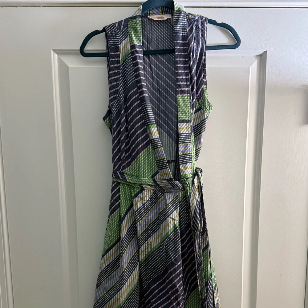 Tory Burch Overprinted Wrap Sleeveless Midi Dress Blue Green 6 - Picture 8 of 10